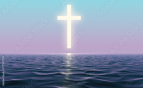 Shining cross over the tranquil ocean at dusk.