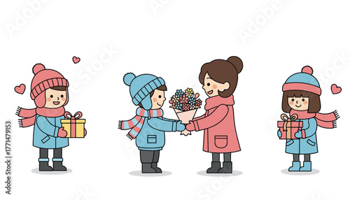 Sweet children exchanging gifts and flowers on a happy winter day, expressing love and friendship in a heartwarming scene with vibrant colors