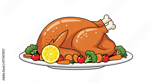 Festive roast turkey cartoon with lemon and vegetables perfect for Thanksgiving, Christmas, or holiday themed designs for menus and invitations