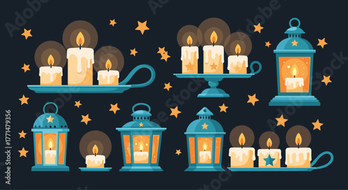 A warm ambiance with elegant lanterns and candles against a dark backdrop, perfect for holiday celebrations and cozy nights