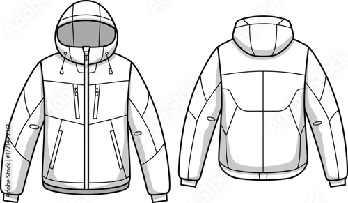 Winter jacket technical fashion sketch, front and back view, hooded coat illustration, zipper closure, garment design template, apparel mockup drawing