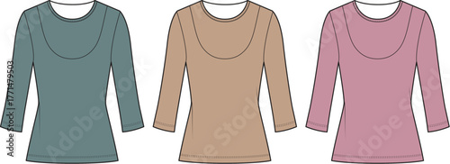 Three colored long-sleeved women's shirts with scoops necklines displayed in a row, with sleeves