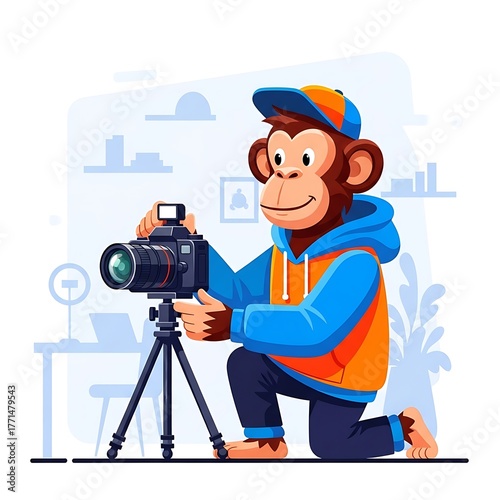 An anthropomorphic primate, kneeling, operates a camera on a tripod, in a vibrant, stylized illustration. Background has office elements