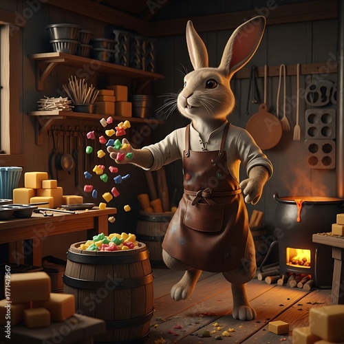 An anthropomorphic rabbit, wearing an apron, playfully tosses colorful treats into a wooden barrel in a rustic workshop setting