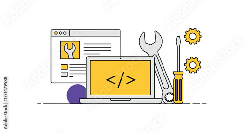 Modern coding and web development tools, a laptop with code, wrench, screwdriver, and gears, perfect for tech and engineering visuals