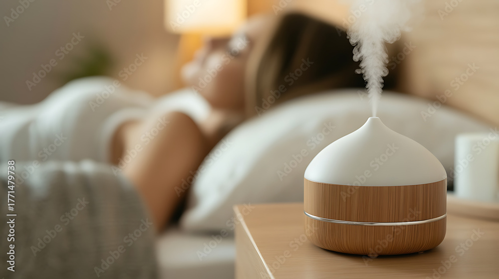 Obraz premium Relaxing at bedtime with a diffuser. A woman sleeping in her bed with an essential oil diffuser on the bedside table. The diffuser is releasing a mist into the room.
