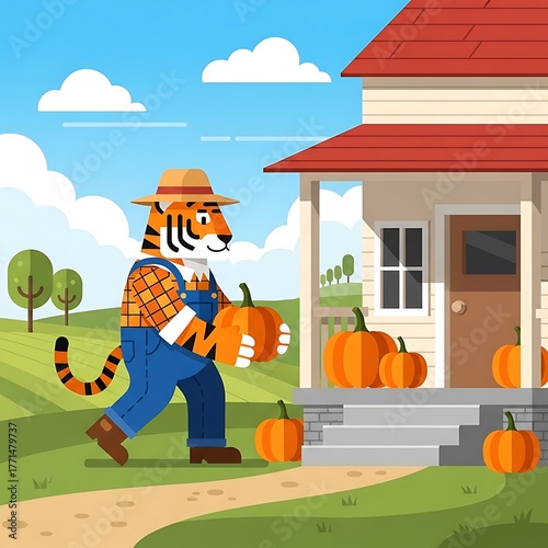 An anthropomorphic tiger in overalls and a straw hat carries pumpkins near a house. Autumn colors and landscape depicted