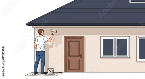 Man painting exterior of home breathes new life into property and increases curb appeal with smart renovation project using paint roller
