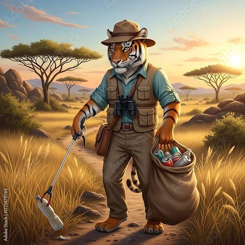 An anthropomorphic tiger in safari attire cleans up trash from a sunlit savannah path, holding a litter grabber