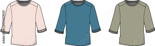 Vector illustration set of women's raglan sleeve t-shirts in various colors. Fashion apparel technical flat sketch template for clothing design