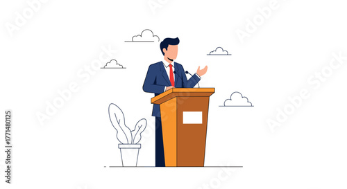 Energetic speaker presenting at podium with confidence and authority under a bright sky, perfect for corporate communication and leadership concepts