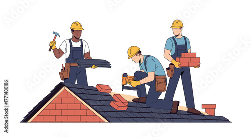 Roofing contractors installing new roof tiles and chimney bricks for a modern home with safety gear offering reliable home improvement services
