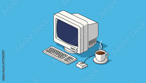 Retro computer setup with steaming coffee cup, evoking nostalgia for early digital workspaces and productive mornings