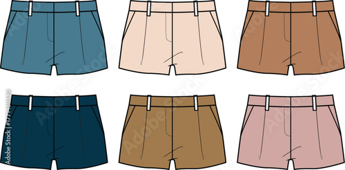 Women's shorts fashion flat technical sketch set. A collection of casual short pants templates in various colors for apparel design and mockups
