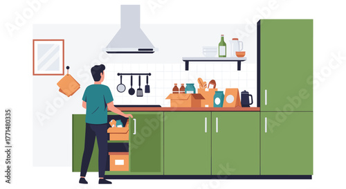Man organizing pantry staples in modern kitchen, embrace healthy eating and efficient storage solutions for a vibrant lifestyle