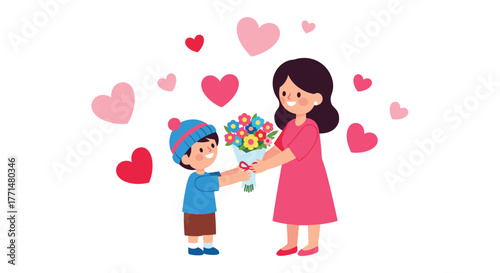 Joyful child presents vibrant flower bouquet to smiling mother surrounded by loving hearts