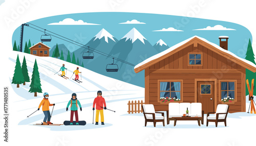 Cozy winter getaway with skiers enjoying slopes and relaxing at a charming chalet surrounded by snow-capped mountains perfect for vacations