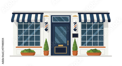 Stylish barbershop facade with classic blue and white awning for a modern aesthetic, perfect for branding and small business promotions