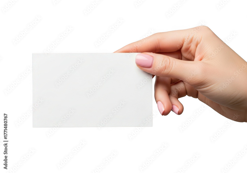 Obraz premium Hand holding a blank white business card isolated on transparent background
