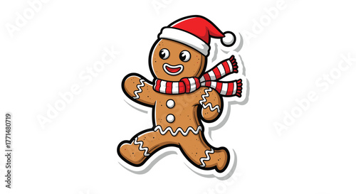 Joyful gingerbread man with Santa hat and striped scarf running happily, perfect for holiday cheer and festive designs