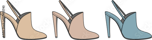 Fashionable collection of women's high-heeled slingback shoes, showcasing elegant beige, soft pink, and vibrant blue colors for contemporary style and sophisticated footwear