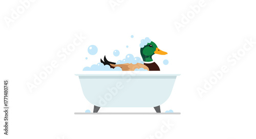 Cute cartoon duck relaxing in a bubble bath, enjoying a spa day at home, perfect for playful designs and lighthearted, fun projects