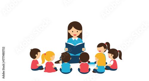 Engaged children gather around teacher reading exciting storybook in vibrant classroom setting