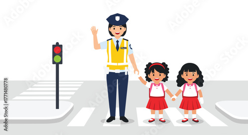 Friendly police officer safely guides two smiling schoolchildren across a busy street at a crosswalk with traffic light