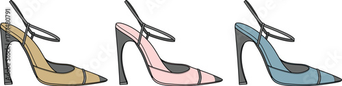 A collection of stylish women's high-heeled shoes in various pastel colors. Elegant pointed-toe slingback pumps for fashion design concepts