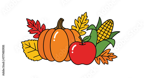 Vibrant autumn harvest arrangement with pumpkin, apple, corn, and colorful fall leaves creating festive seasonal decor