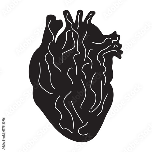 Black silhouette of human heart with veins graphic art element vector