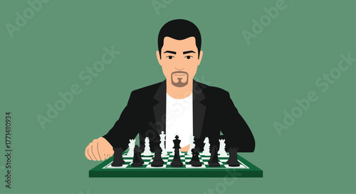 Strategic mindset shows man playing chess, a symbol of planning, intelligence, and business acumen to win with strategy and logical thinking