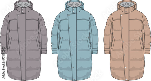 Three stylish winter coats in different colors, perfect for cold weather and fashion