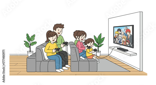 Joyful family gathered together playing video games on the couch, creating fun memories and bonding time