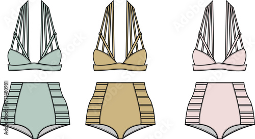 Vector illustration of a women's high-waisted bikini set with a strappy bralette top, presented as a fashion flat in three distinct color variations for apparel design and technical drawing purposes