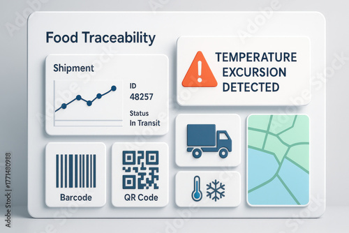 Urgent food traceability technology interface displays critical shipment alert. This supply chain logistics system monitors temperature for food safety and quality control