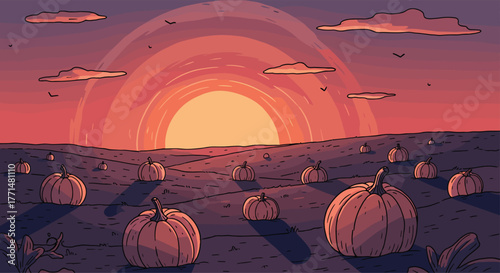 Vibrant pumpkin patch bathed in warm sunset glow, evoking autumn harvest magic and seasonal beauty