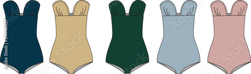 Collection of women's one-piece swimsuits in various solid colors, including navy, tan, forest green, baby blue, and blush pink