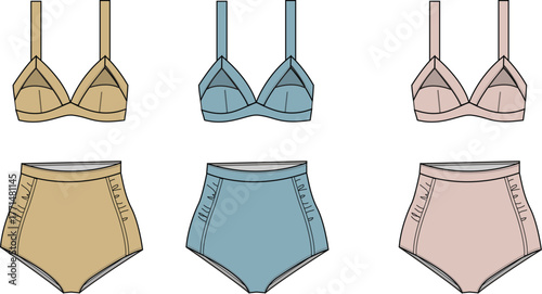 Technical fashion illustration of three colorful two-piece lingerie or bikini sets with high-waist briefs and modern bra designs