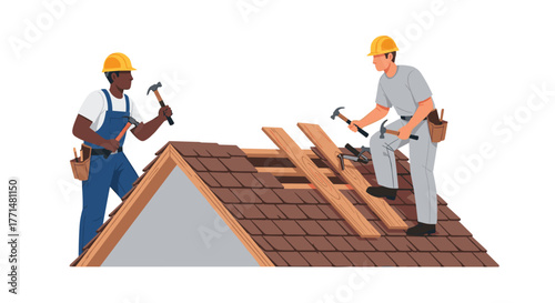 Two hardworking construction workers repairing a roof with hammers and wood, ensuring quality craftsmanship and home protection for families