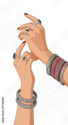 Elegant hands adorned with traditional bangles and rings, adding a touch of cultural beauty perfect for fashion or festive designs