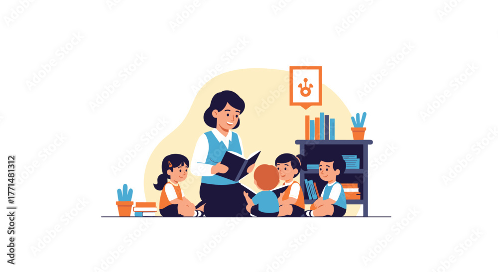 Fototapeta premium Joyful teacher reading to attentive children in a bright, engaging classroom setting, fostering learning and imagination