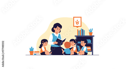 Joyful teacher reading to attentive children in a bright, engaging classroom setting, fostering learning and imagination