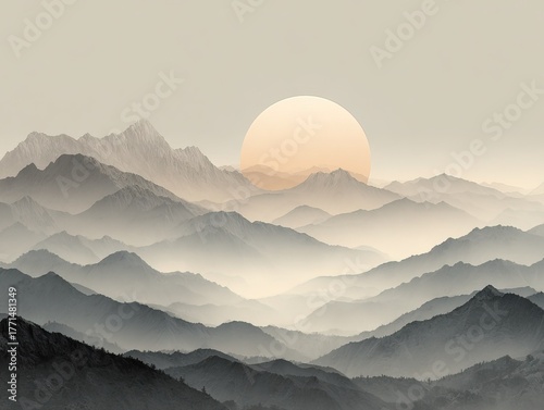 Sunrise Over Mountain Range Minimalist Vector Art in Soft Earth Tones, Neutral Background