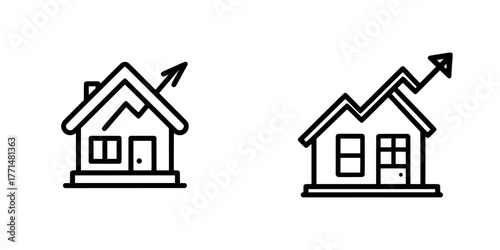 Black single house investment growth line icon, simple increased housing price graphic flat design pictogram modern for app ads web banner button ui interface elements isolated on white background