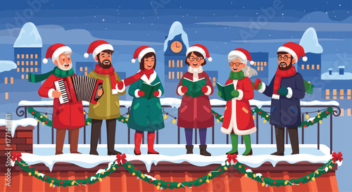 Festive carolers spreading holiday cheer with joyful singing under a snowy sky in a charming vintage town square, perfect for seasonal campaigns