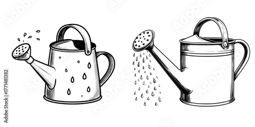 A cute gardening tool, the watering can is shown with water drops in a modern illustration isolated on a transparent background as clip art