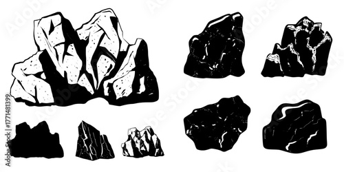 Modern cartoon illustration of sandstone boulders with uneven cracked surface set isolated on white background, featuring mountain or desert landscape design elements, wild west canyon terrain of