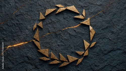 Abstract golden wreath design on dark stone background with copy space