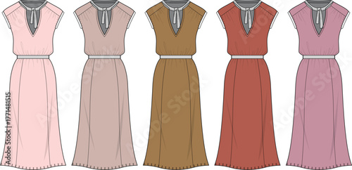 Collection of elegant women's midi dresses in various neutral and pastel hues, showcasing a sophisticated design with V-neck and short sleeves